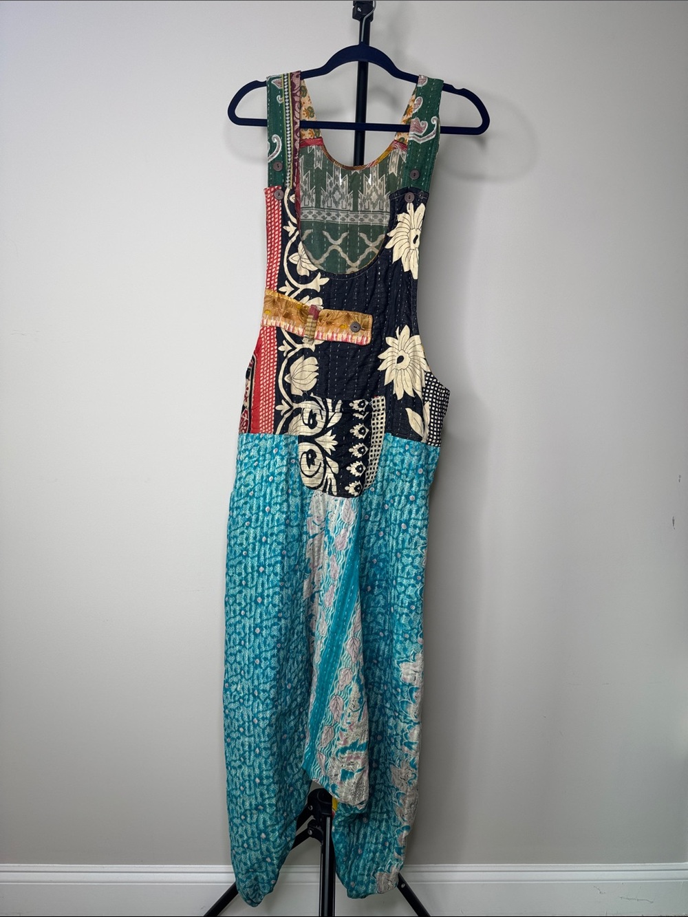 Handmade Kantha Patchwork Overalls Reversible Embroidered Handstitch L/XL Boho